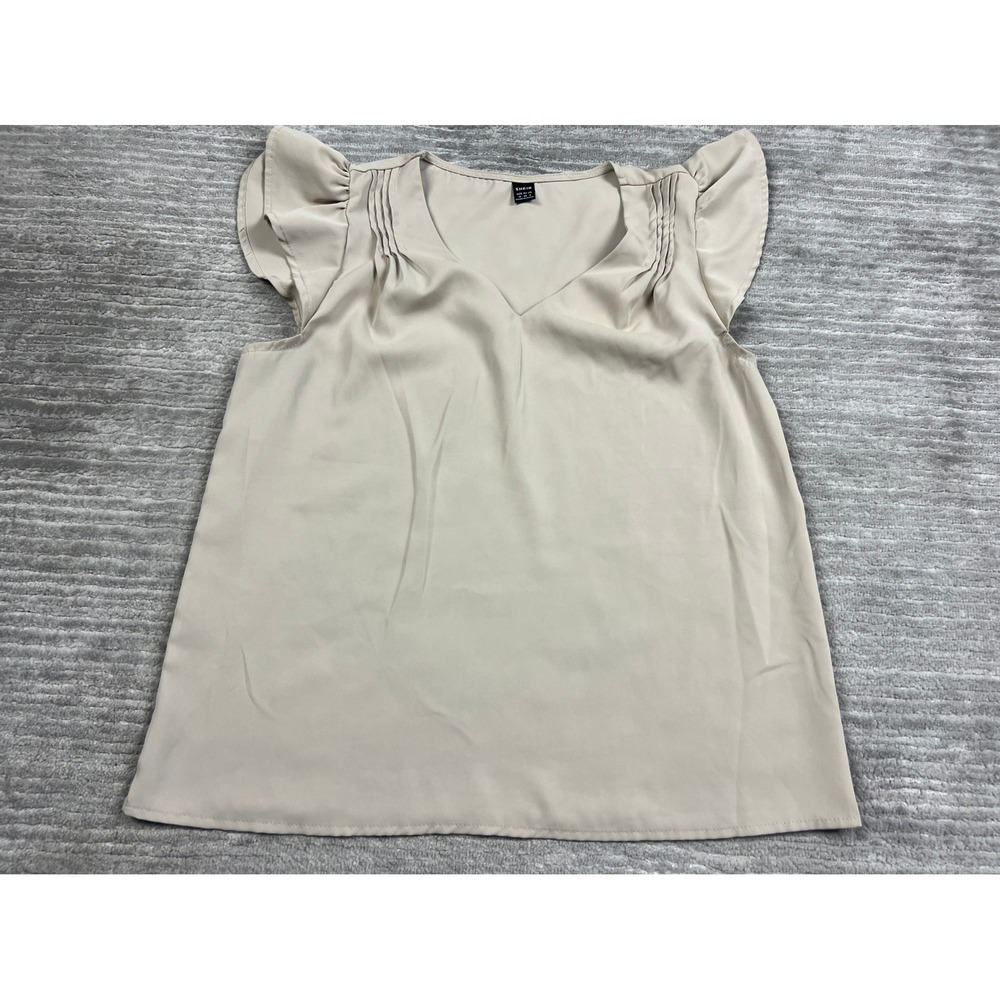 SHEIN Blouse Womens M Beige Flutter Sleeve V-Neck Pleated sw221126344325 Solid